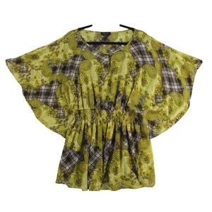 Sam & Max Lime Green Paisley Plaid Smocked Waist Dolman Blouse 1X P3910-WE3